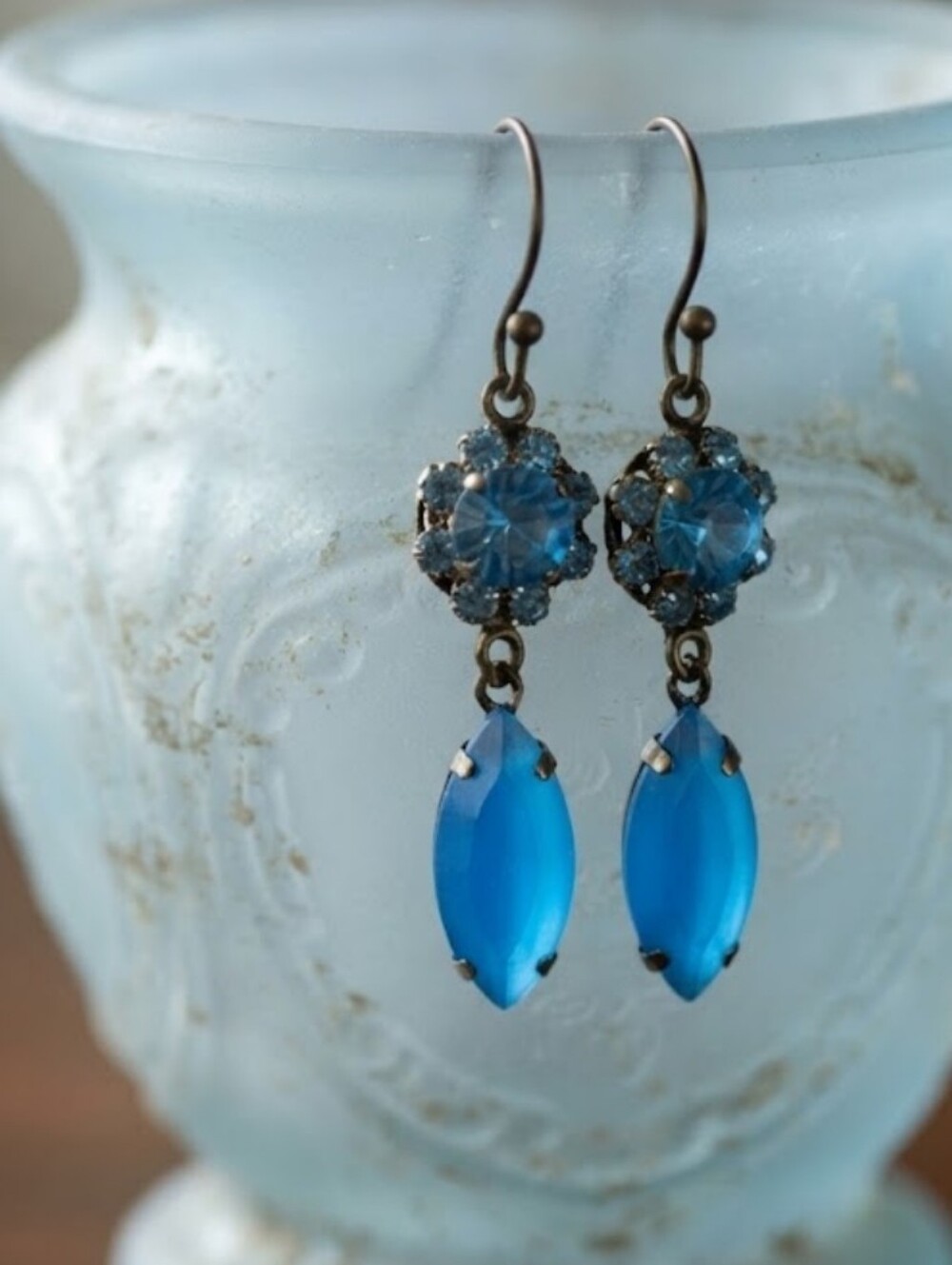 Victorian Twilight Blue Swarovski Elements Flower Crystals In Brass  Earrings